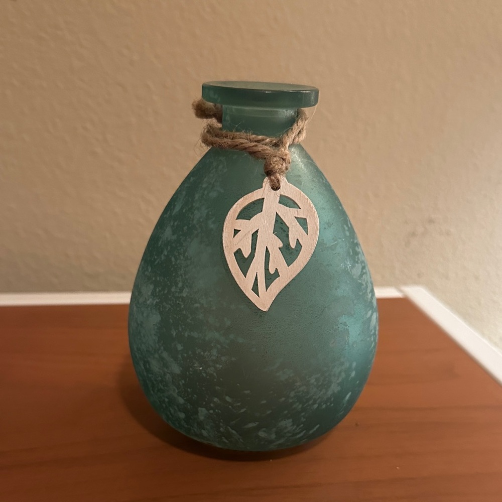 Frosted Teal Glass Vase with Leaf Accent